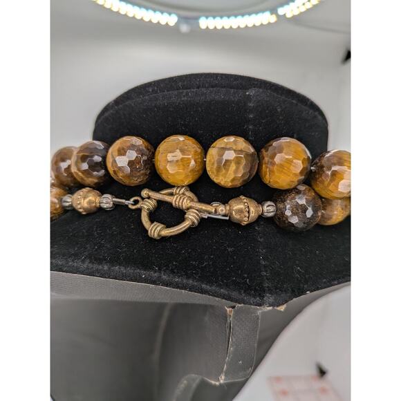 Huge Tigers Eye Faceted Bead Necklace With Silver Tone Stations Toggle Clasp 40" - Picture 3 of 6